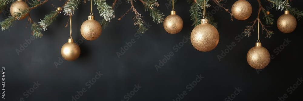 Christmas background with gold evening balls hanging from branches on a dark background, decorations Christmas background with gold evening balls hanging from branches on a dark background, decorations