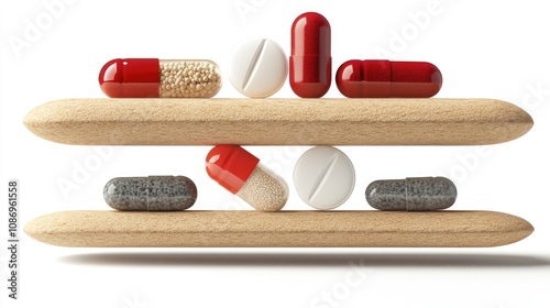 Pharmaceutical Balance: A Creative 3D Display of Pills and Capsules in a Dynamic Stacking Arrangement
