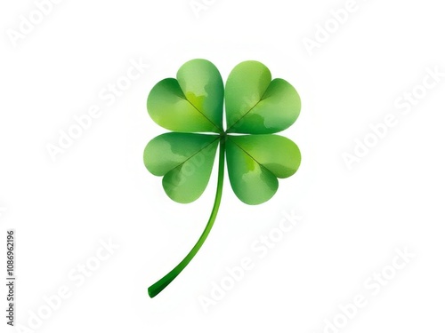 A beautiful watercolor illustration of a vibrant green four-leaf clover, symbolizing luck and St. Patrick's Day, set against a clean white background