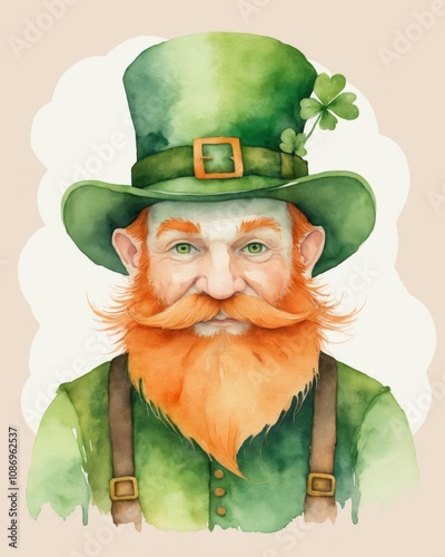 A cheerful leprechaun with a green hat and orange beard celebrates St. Patrick's Day, surrounded by clovers in a festive watercolor illustration