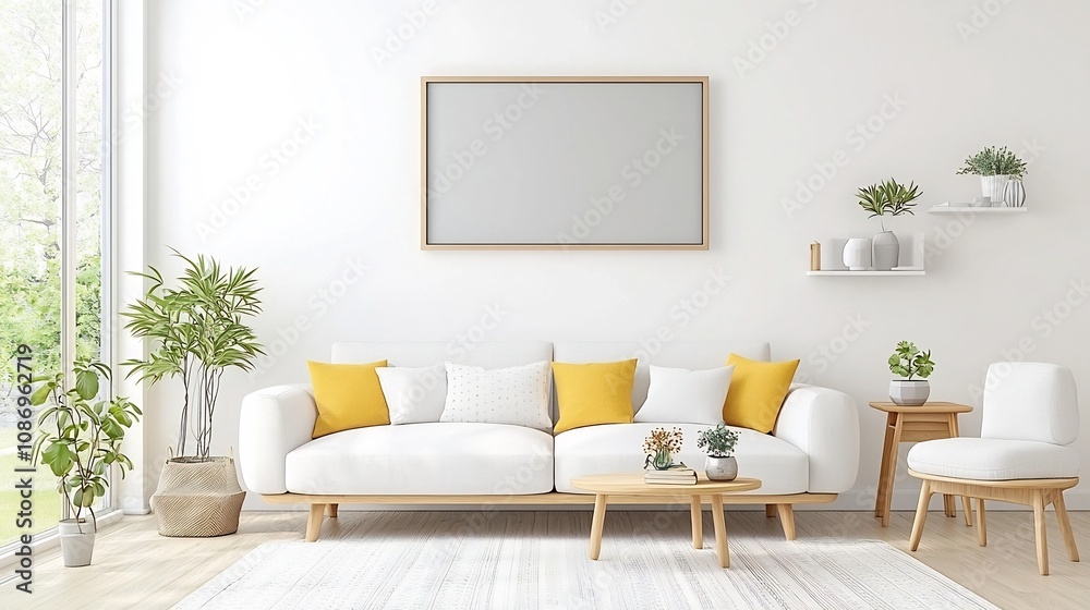 Bright and modern living room interior with an empty frame mounted on the wall above a comfortable sofa decorated with stylish accessories and furniture in a minimalist contemporary design Bright and modern living room interior with an empty frame mounted on the wall above a comfortable sofa decorated with stylish accessories and furniture in a minimalist contemporary design