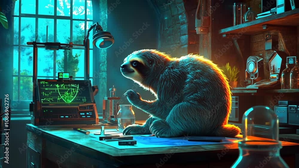A furry sloth is seated at a dark wood lab bench in a dimly lit room