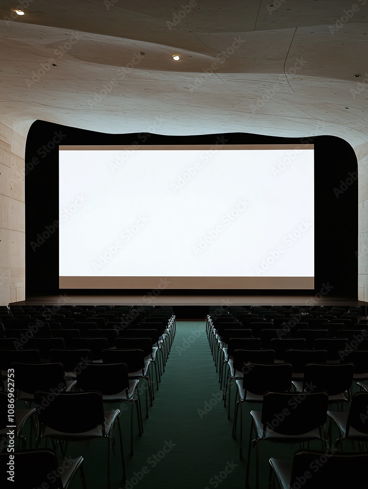 Fototapeta premium Grand Indoor Conference Hall with Minimalist Design and Large Projection Screen