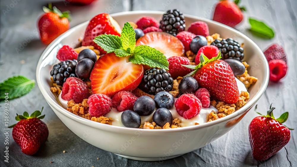 Delicious and healthy breakfast bowl filled with granola, yogurt, and an assortment of fresh berries Delicious and healthy breakfast bowl filled with granola, yogurt, and an assortment of fresh berries