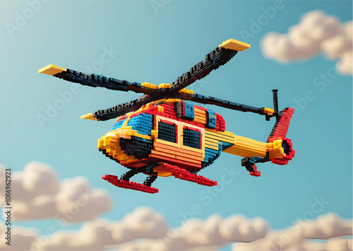 Voxel Art Helicopter Flying High in the Sky