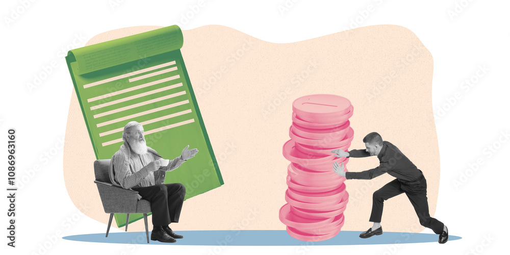 © master1305 - Elderly man consulting with younger person with coins and documents, representing financial guidance and retirement investments. Contemporary art collage. Concept of retirement programs, support, care © master1305 - Elderly man consulting with younger person with coins and documents, representing financial guidance and retirement investments. Contemporary art collage. Concept of retirement programs, support, care