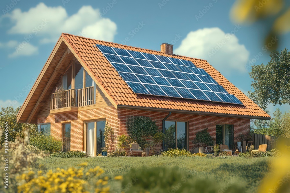 Modern eco-friendly brick house with solar panels on roof, surrounded by lush greenery.