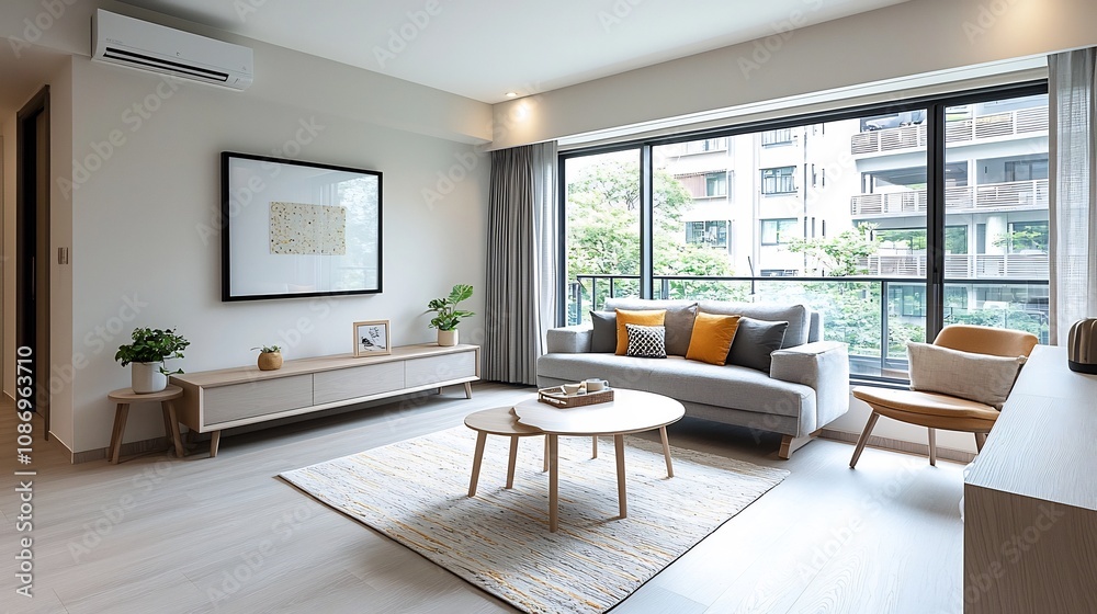 Elegant and modern living room with a cozy functional interior design The room features an ISO A sized frame on the wall creating a harmonious and sophisticated ambiance The space is brightand airy Elegant and modern living room with a cozy functional interior design The room features an ISO A sized frame on the wall creating a harmonious and sophisticated ambiance The space is brightand airy