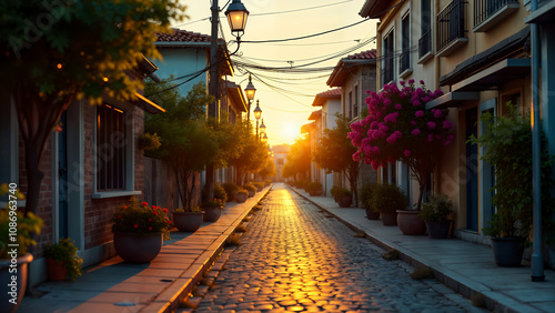 A Serene Twilight Scene of Idria Lace Gracefully Flowing Like Powerlines Amongst Elegant Buildings photo