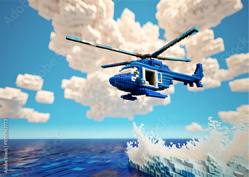 Helicopter in Voxel Style Soaring Above the Ocean