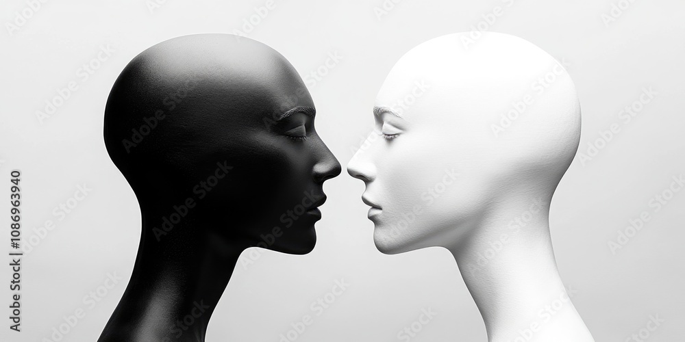 Fototapeta premium Contrasting Perspectives: Two Heads in Opposition, One Black on White, Representing Different Beliefs and Adverse Opinions