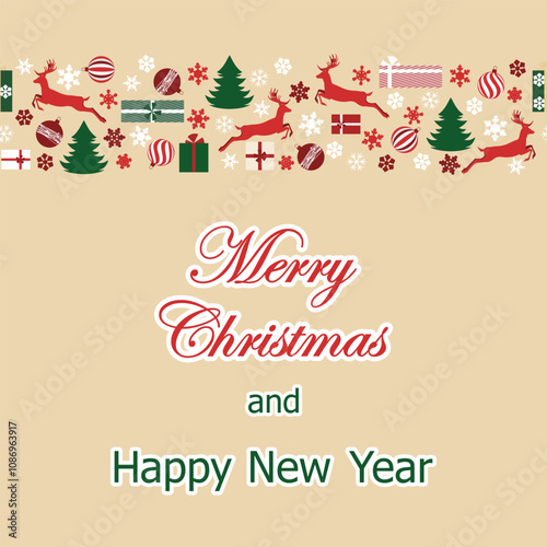 Christmas card, template design for banner, flyer, background with strip of snowflakes, deers, firs, balls, gifts. bright vector illustration for invitation, poster, greeting en minimal, flat style.