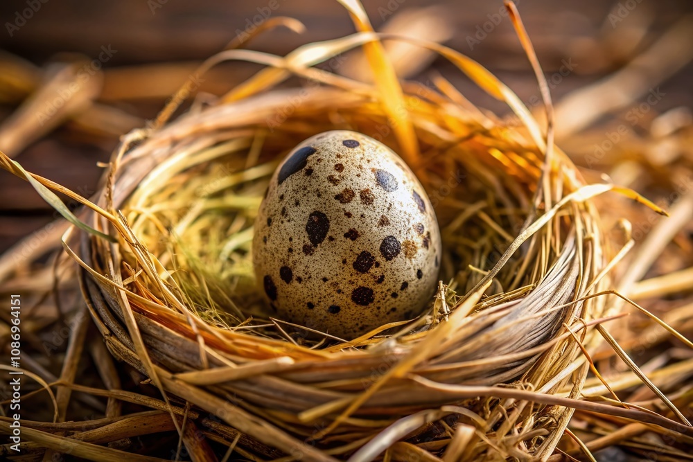 Obraz premium Close-Up of Speckled Bird Egg Nestled in Dried Grass, Showcasing Nature's Intricate Details and Texture in an Architectural Photography Style