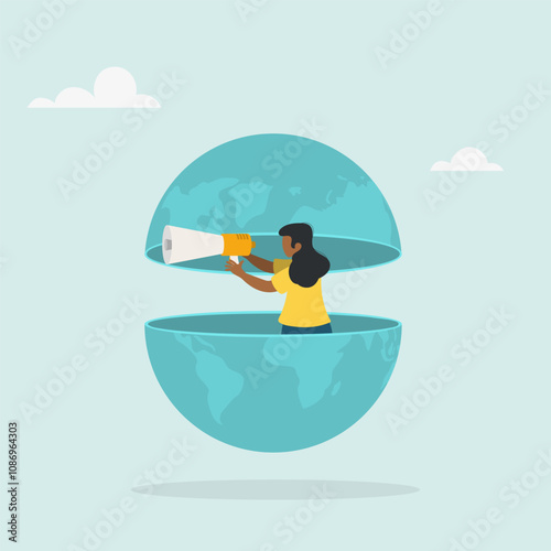 World economic vision of business, work or investment. A character with a megaphone broadcasts from the globe.  Flat vector illustration.
