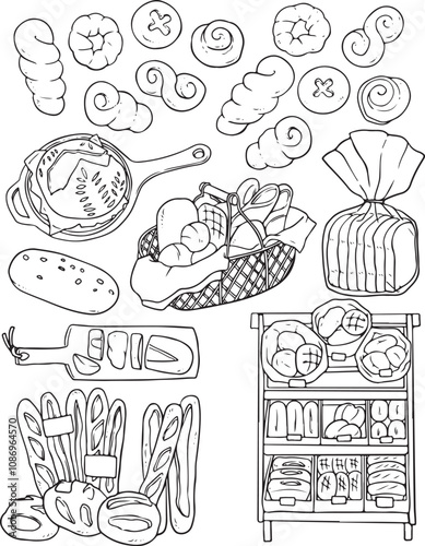 Bakery Doodle vector.Bread,cakes and pastries icons set with tableware,badges decor.Linear vintage elements for logo,label,menu,cafe shop. Flat hand drawn isolated items collection. Vector set