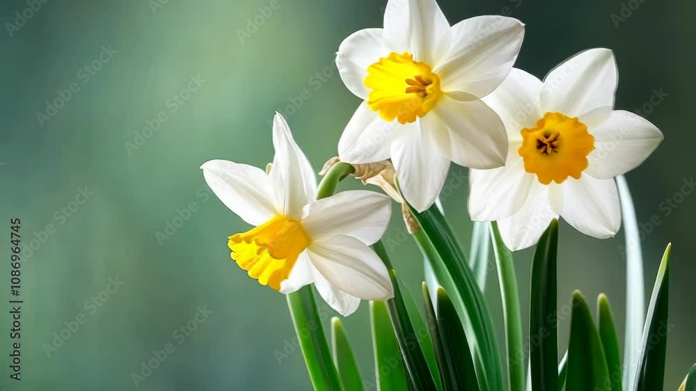 Close-up view of three beautiful daffodils in full bloom Close-up view of three beautiful daffodils in full bloom