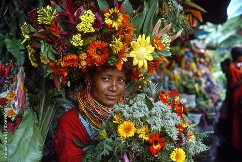 Vibrant Cultural Celebration at Mount Hagen Festival, Papua New Guinea: Traditional Tribe Woman in Colorful Attire Surrounded by Greenery and Blossoms photo