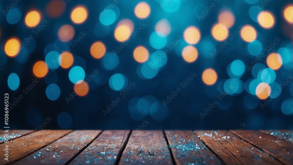 Festive panoramic background with blue glittery bokeh lights