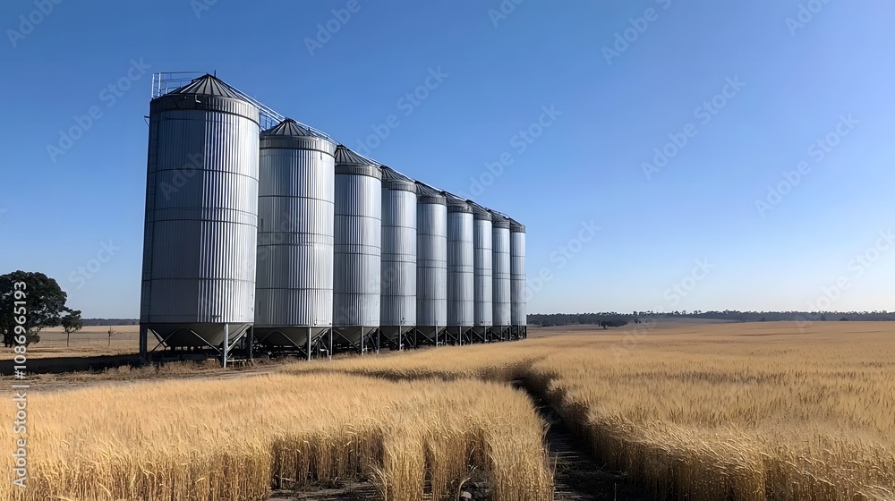 Grain silos standing tall amidst vast farmland, symbolizing the backbone of agricultural sustenance and the enduring cycle of rural life. Grain silos standing tall amidst vast farmland, symbolizing the backbone of agricultural sustenance and the enduring cycle of rural life.