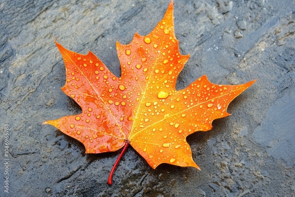 Detailed Closeup of Wet Maple Leaf on Ground in Autumn, Adorned with Raindrops Detailed Closeup of Wet Maple Leaf on Ground in Autumn, Adorned with Raindrops
