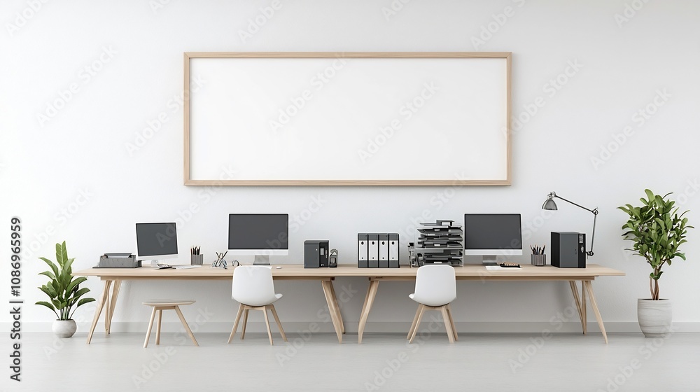Cozy living room setting with an organized office workspace featuring a frame mockup on the wall a long table with computers and various work equipment Cozy living room setting with an organized office workspace featuring a frame mockup on the wall a long table with computers and various work equipment