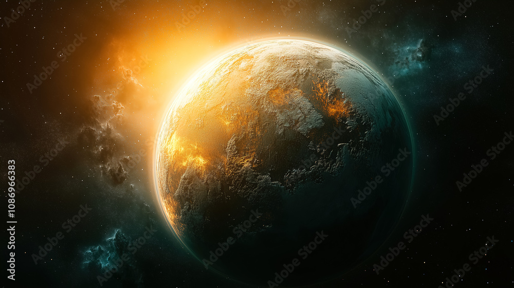 A distant planet illuminated by a glowing sunrise in a cosmic setting surrounded by stars and swirling gases. Generative AI A distant planet illuminated by a glowing sunrise in a cosmic setting surrounded by stars and swirling gases. Generative AI