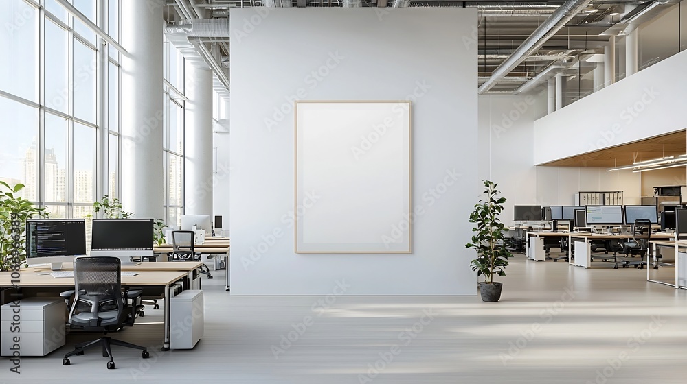 Fototapeta premium Minimalist 3D rendered living room with a poster mockup on the wall and a modern office workspace featuring multiple computer monitors and various equipment for a productive and creative digital