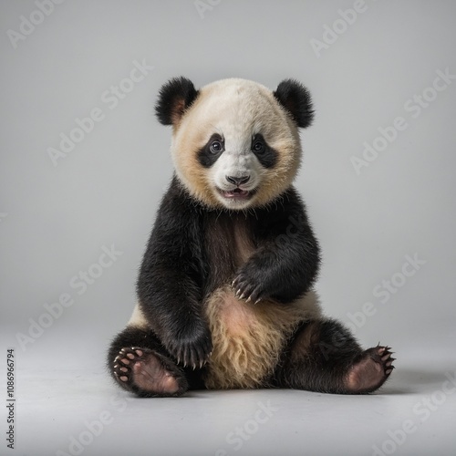 A baby panda sitting in a playful pose, with a white background.