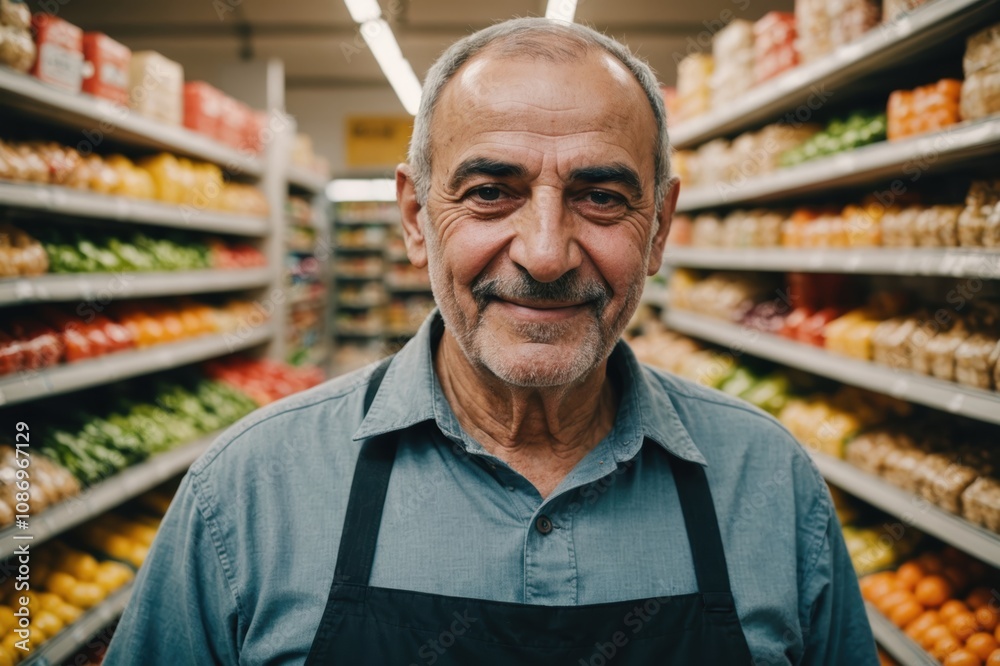Close portrait of a smiling senior Syrian male grocer standing and looking at the camera, Syrian grocery store blurred background Close portrait of a smiling senior Syrian male grocer standing and looking at the camera, Syrian grocery store blurred background