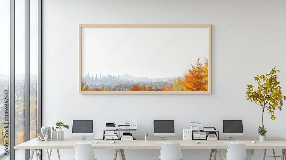 Aerial view of a modern organized office workspace featuring a frame mockup displayed on a living room wall  The setup includes neatly arranged computers on a long table