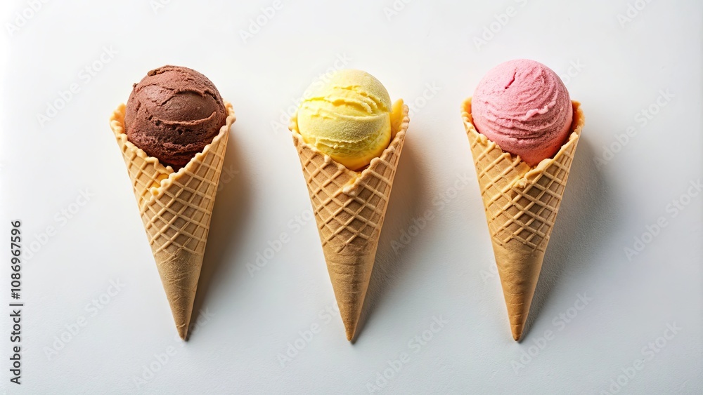 Three ice cream cones with scoops of chocolate, vanilla, and strawberry flavors arranged in a row on a white background Three ice cream cones with scoops of chocolate, vanilla, and strawberry flavors arranged in a row on a white background