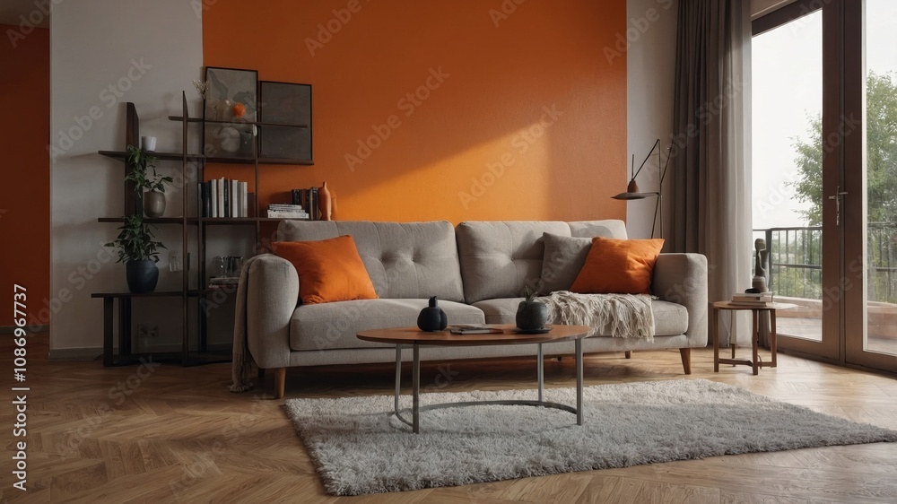 Light grey sofa with orange wall in contemporary living room Light grey sofa with orange wall in contemporary living room