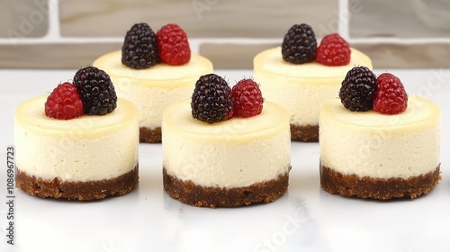 Delicious mini cheesecakes with fruit toppings bakery dessert photography clean surface close-up tempting treats