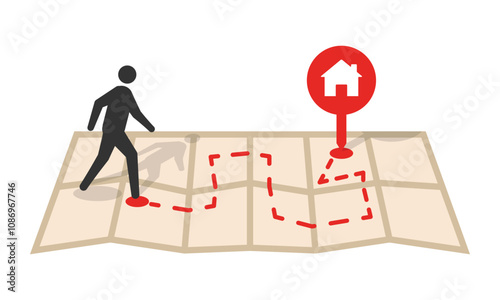 A person walking on a map towards a red pin representing a home location. Navigation concept illustration