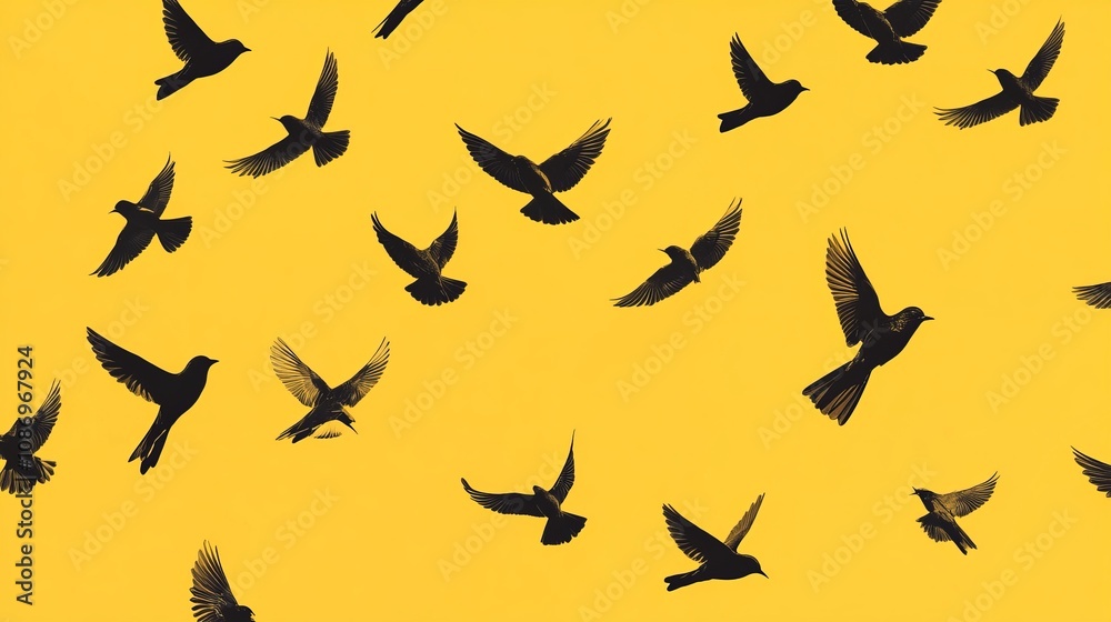 Many birds flying on sky isolated on yellow background. Many birds flying on sky isolated on yellow background.