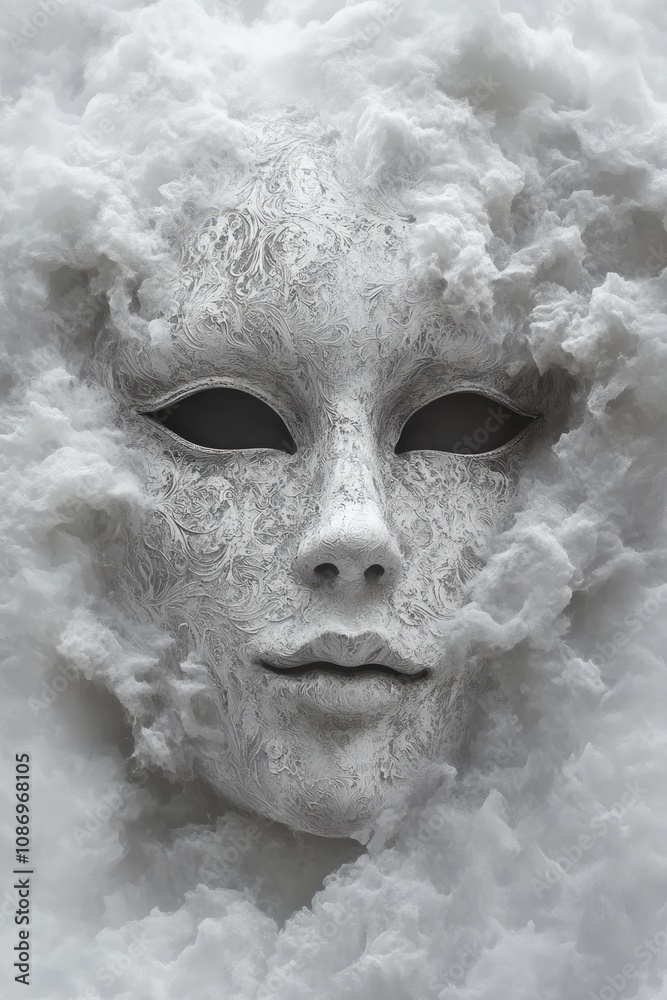 A delicate white mask, adorned with intricate details, floats amidst soft, billowing clouds, capturing the spirit of the Carnival of Venice's artistry A delicate white mask, adorned with intricate details, floats amidst soft, billowing clouds, capturing the spirit of the Carnival of Venice's artistry