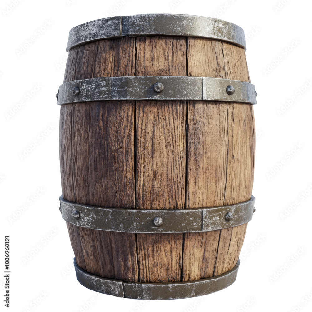 Fototapeta premium Rustic Wooden Barrel with Metal Bands on transparent Background