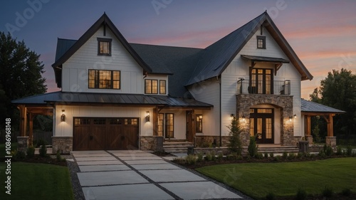 Wallpaper Mural Luxurious modern farmhouse exterior at twilight Torontodigital.ca
