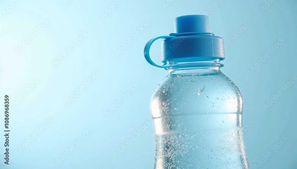 Clear sports water bottle with blue cap on light blue background Clear sports water bottle with blue cap on light blue background