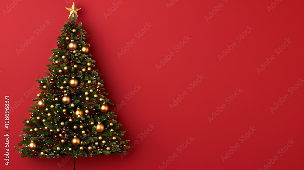 Ornament-adorned Christmas tree against a red backdrop. Ornament-adorned Christmas tree against a red backdrop.