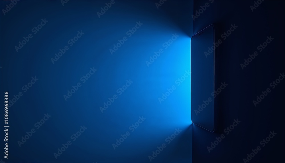 Fototapeta premium Modern wall-mounted blue light panel in dark room