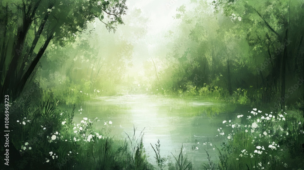 Serene Green Forest Lake: A Misty Morning's Embrace Serene Green Forest Lake: A Misty Morning's Embrace