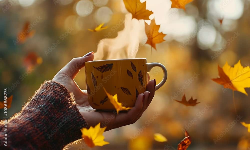 A hand holding a steaming autumnal mug amidst falling leaves.