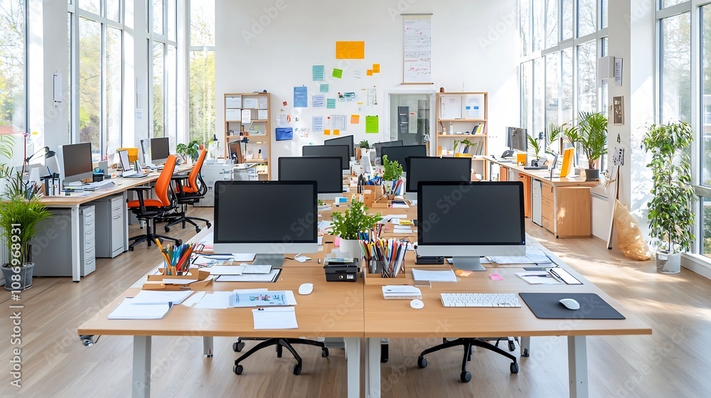 Aerial perspective of a spacious and meticulously arranged office workspace with rows of computers keyboards and various office supplies on a long table Aerial perspective of a spacious and meticulously arranged office workspace with rows of computers keyboards and various office supplies on a long table