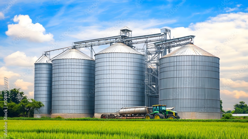 Grain silos standing tall amidst vast farmland, symbolizing the backbone of agricultural sustenance and the enduring cycle of rural life. Grain silos standing tall amidst vast farmland, symbolizing the backbone of agricultural sustenance and the enduring cycle of rural life.