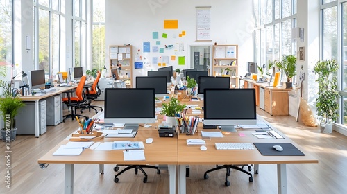 Aerial perspective of a spacious and meticulously arranged office workspace with rows of computers keyboards and various office supplies on a long table