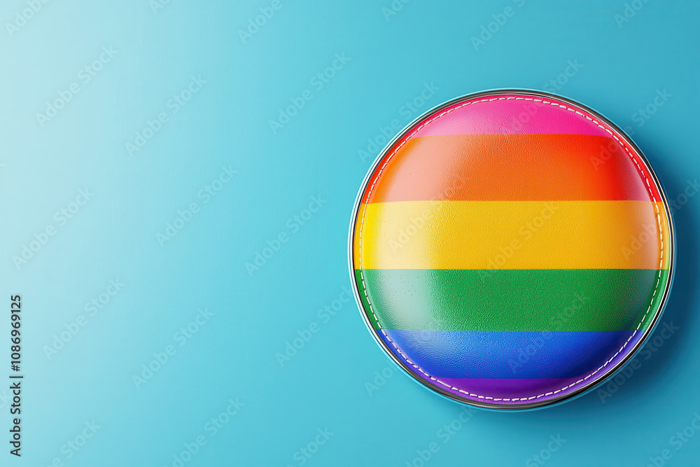 Fototapeta premium LGBTQ rights advocacy concept. A colorful rainbow pride badge against a turquoise background, symbolizing LGBTQ pride and inclusivity.