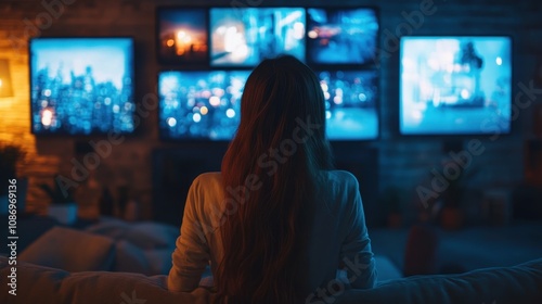 Young Woman Sitting on Couch in Living Room, Watching Multiple Screens Displaying City Views and Urban Landscapes in Ambient Blue Lighting