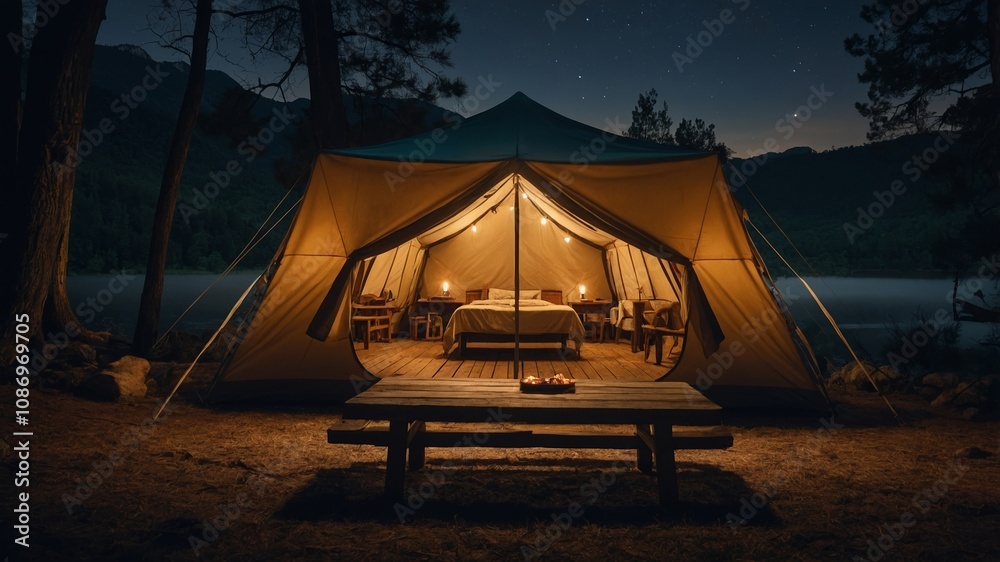 Nighttime camping scene with wooden table under tent Nighttime camping scene with wooden table under tent