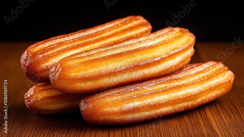 Plate of freshly fried churros on a wooden table, golden and crisp, evoking a sense of indulgence and comfort food.